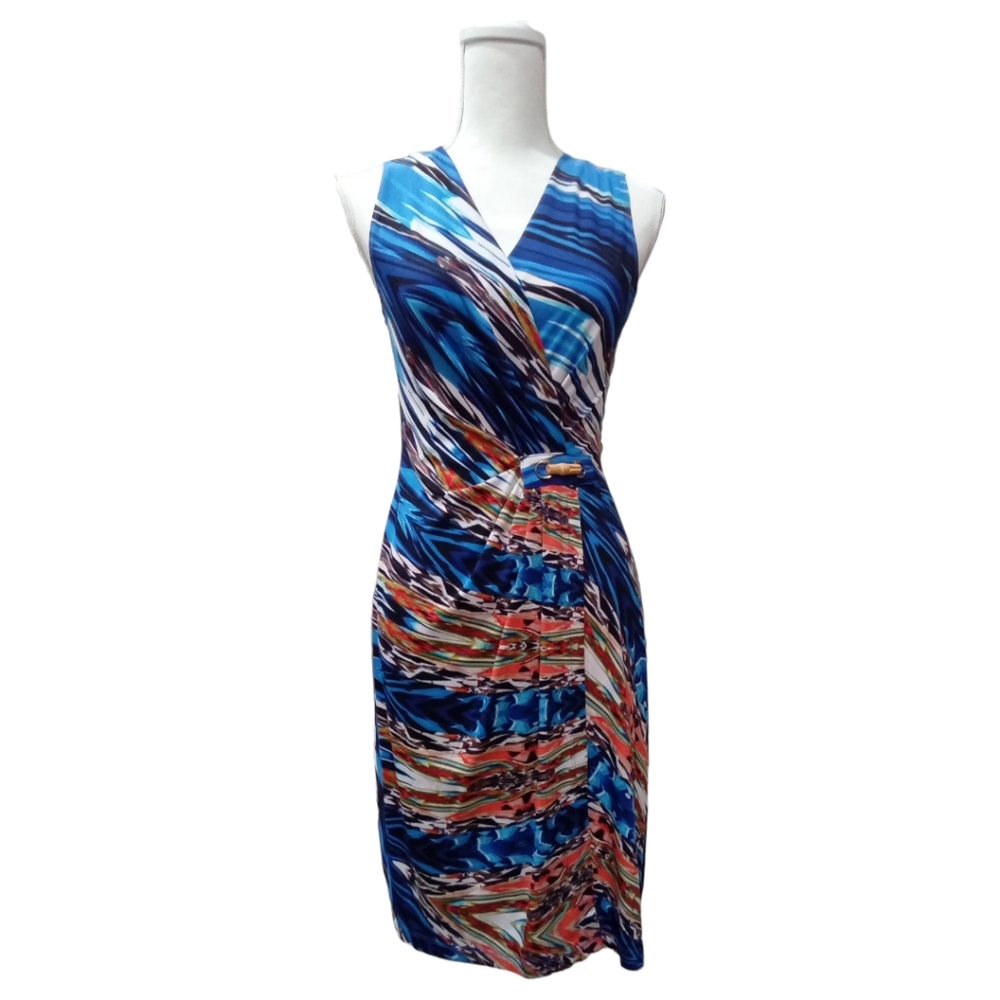 Robbie Bee Tropical Vibe Mock Wrap V-Neck Ruched Waist Sleeveless Dress Sz S